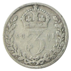 Монета 3 пенса 1891 года Великобритания (аверс)