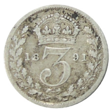 Монета 3 пенса 1891 года Великобритания (аверс)