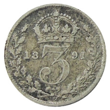 Монета 3 пенса 1891 года Великобритания (аверс)