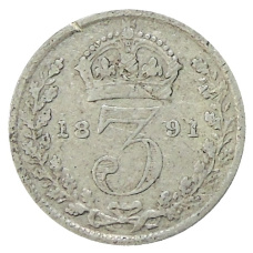 Монета 3 пенса 1891 года Великобритания (аверс)