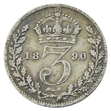 Монета 3 пенса 1890 года Великобритания (аверс)