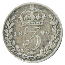 Монета 3 пенса 1890 года Великобритания (аверс)