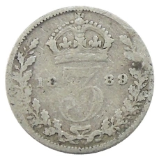 Монета 3 пенса 1889 года Великобритания (аверс)