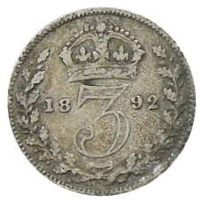 Монета 3 пенса 1892 года Великобритания (аверс)