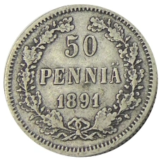 Монета 50 пенни 1891 года Русская Финляндия (аверс)