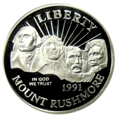 Монета 1/2 доллара (50 центов) 1991 года S США «50 лет Национальному мемориалу Рашмор» (аверс)