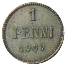 Монета 1 пенни 1907 года Русская Финляндия (аверс)