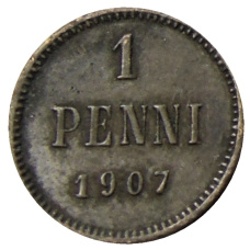 Монета 1 пенни 1907 года Русская Финляндия (аверс)