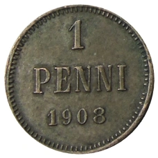 Монета 1 пенни 1908 года Русская Финляндия (аверс)