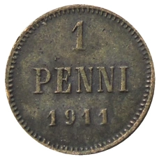 Монета 1 пенни 1911 года Русская Финляндия (аверс)