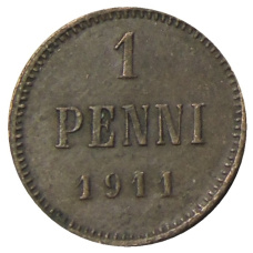 Монета 1 пенни 1911 года Русская Финляндия (аверс)