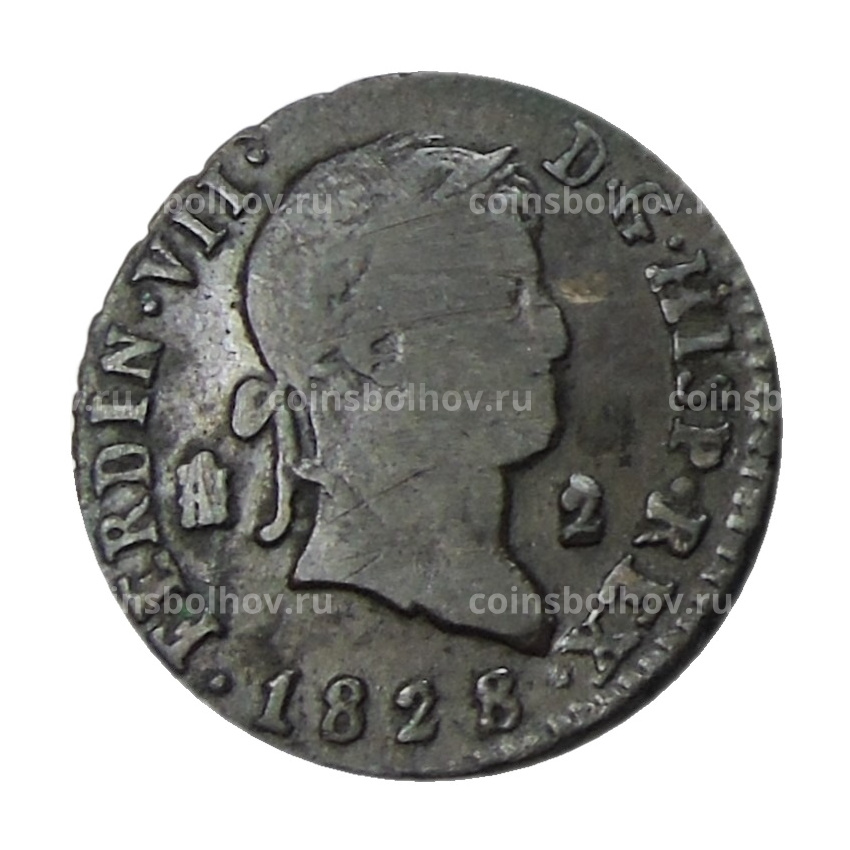 Монета 2 мараведи 1828 года Испания