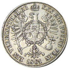 Монета 1 союзный талер 1861 года А Германские государства — Пруссия (реверс)