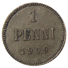 Монета 1 пенни 1909 года Русская Финляндия (аверс)