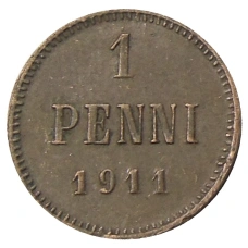 Монета 1 пенни 1911 года Русская Финляндия (аверс)