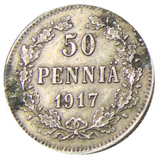 Монета 50 пенни 1917 года Русская Финляндия — Орел без корон (Временное правительство) (аверс)