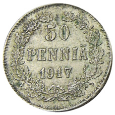 Монета 50 пенни 1917 года Русская Финляндия — Орел без корон (Временное правительство) (аверс)