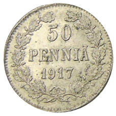 Монета 50 пенни 1917 года Русская Финляндия — Орел без корон (Временное правительство) (аверс)