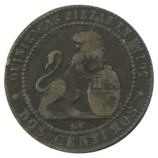 Монета 2 сентимо 1870 года Испания (реверс)