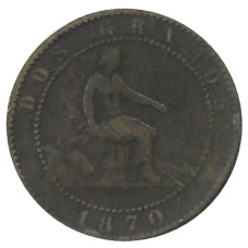 Монета 2 сентимо 1870 года Испания (аверс)