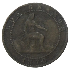 Монета 2 сентимо 1870 года Испания (аверс)