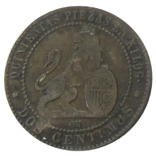 Монета 2 сентимо 1870 года Испания (реверс)