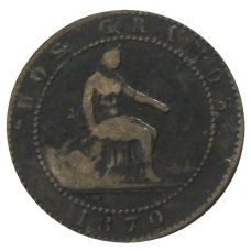 Монета 2 сентимо 1870 года Испания (аверс)