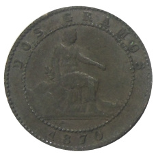 Монета 2 сентимо 1870 года Испания (аверс)