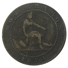 Монета 2 сентимо 1870 года Испания (аверс)