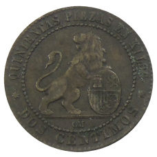 Монета 2 сентимо 1870 года Испания (реверс)
