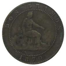 Монета 2 сентимо 1870 года Испания (аверс)