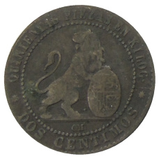 Монета 2 сентимо 1870 года Испания (реверс)