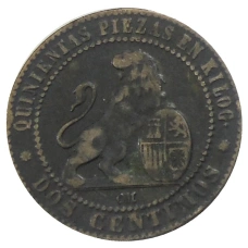 Монета 2 сентимо 1870 года Испания (реверс)