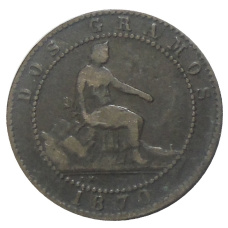 Монета 2 сентимо 1870 года Испания (аверс)