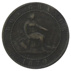 Монета 2 сентимо 1870 года Испания (аверс)