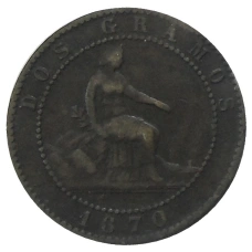 Монета 2 сентимо 1870 года Испания (аверс)