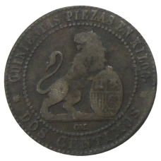 Монета 2 сентимо 1870 года Испания (реверс)