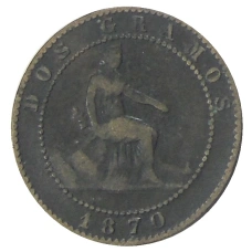 Монета 2 сентимо 1870 года Испания (аверс)