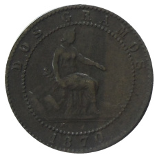 Монета 2 сентимо 1870 года Испания (аверс)