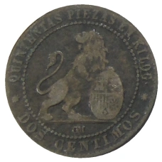 Монета 2 сентимо 1870 года Испания (реверс)