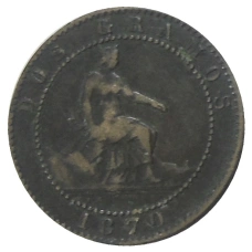 Монета 2 сентимо 1870 года Испания (аверс)