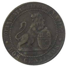 Монета 2 сентимо 1870 года Испания (реверс)