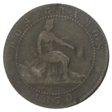 Монета 2 сентимо 1870 года Испания (аверс)