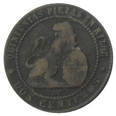 Монета 2 сентимо 1870 года Испания (реверс)