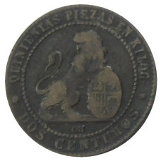 Монета 2 сентимо 1870 года Испания (реверс)