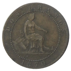 Монета 2 сентимо 1870 года Испания (аверс)