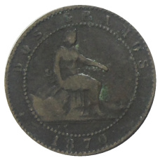 Монета 2 сентимо 1870 года Испания (аверс)