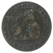 Монета 2 сентимо 1870 года Испания (реверс)