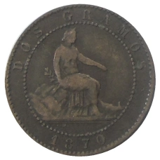 Монета 2 сентимо 1870 года Испания (аверс)