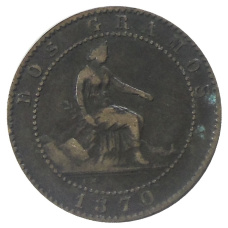 Монета 2 сентимо 1870 года Испания (аверс)